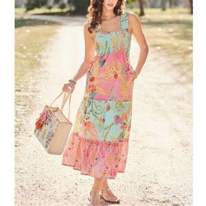 Spartina 449 Pink Blue Avalon Smocked Dress Queenie Tropical Floral Mix Medium